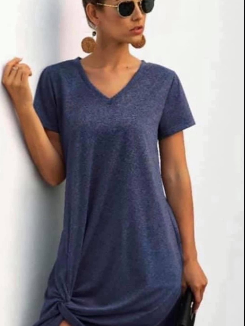 Classic V-Neck Short Sleeve Tunic Dress - Navy